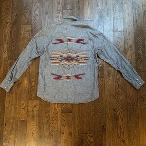 Lucky Brand Men’s Western Pearl Snap Shirt Medium Gray Aztec Back Embroidery